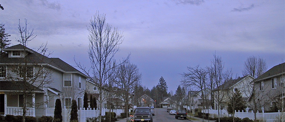 A narrow, tree-lined residential street in the New Wallingford neighborhood of DuPont, Washington, with single-family homes set back behind mature trees along the sidewalk